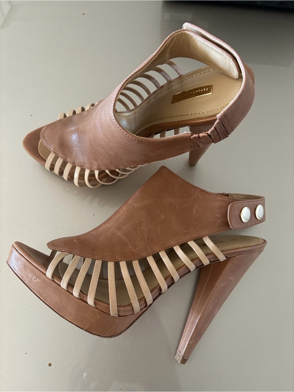 Report Signature Tan and Cream Strappy High Heel Sandals